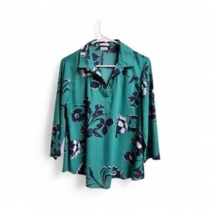 Van Heusen Women’s Floral Blouse Teal Navy Collared Long Sleeve Top Size M